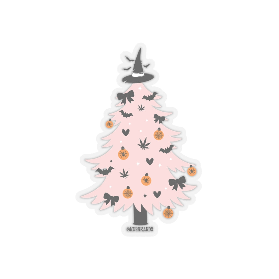 Pink Halloween Tree with Black Hearts, Bats and Bows and Orange Ornaments with a Witch Hat as the Christmas Tree Topper