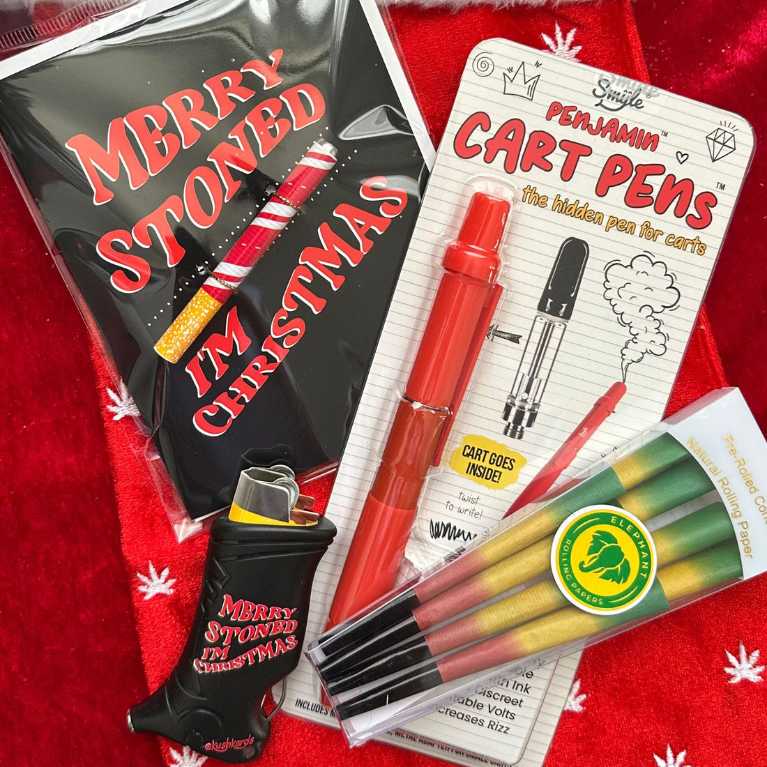 Merry Stoned Stocking Full Set: &quot;Merry Stoned Edition Stoner Stocking featuring a red velvet stocking, KushKard with one-hitter pipe, Toker Poker lighter case, Penjamin Cart Pen, and Rasta pre-rolled cones. 🎅🍃&quot;