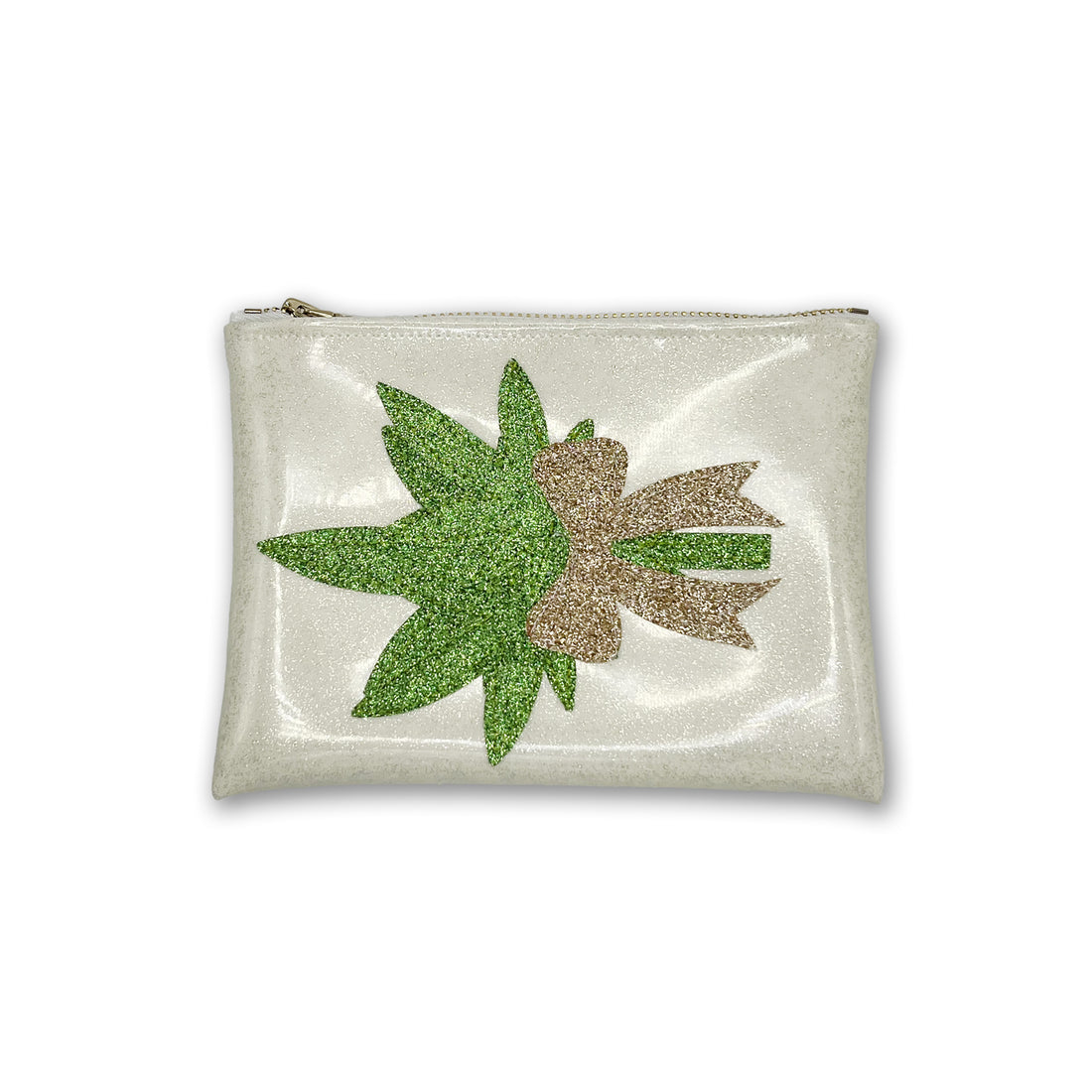 Glittery cannabis-themed wedding clutch by KushKards x Julie Mollo, featuring a green weed leaf tied with a sparkling gold bow on a pearl white background