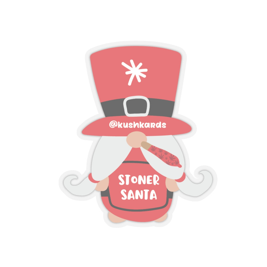 A cheerful Santa-themed gnome with a tall red hat, featuring a snowflake design on top. The hat says &quot;Stoner Santa&quot; and the gnome holds a joint decorated with red cannabis leaves.