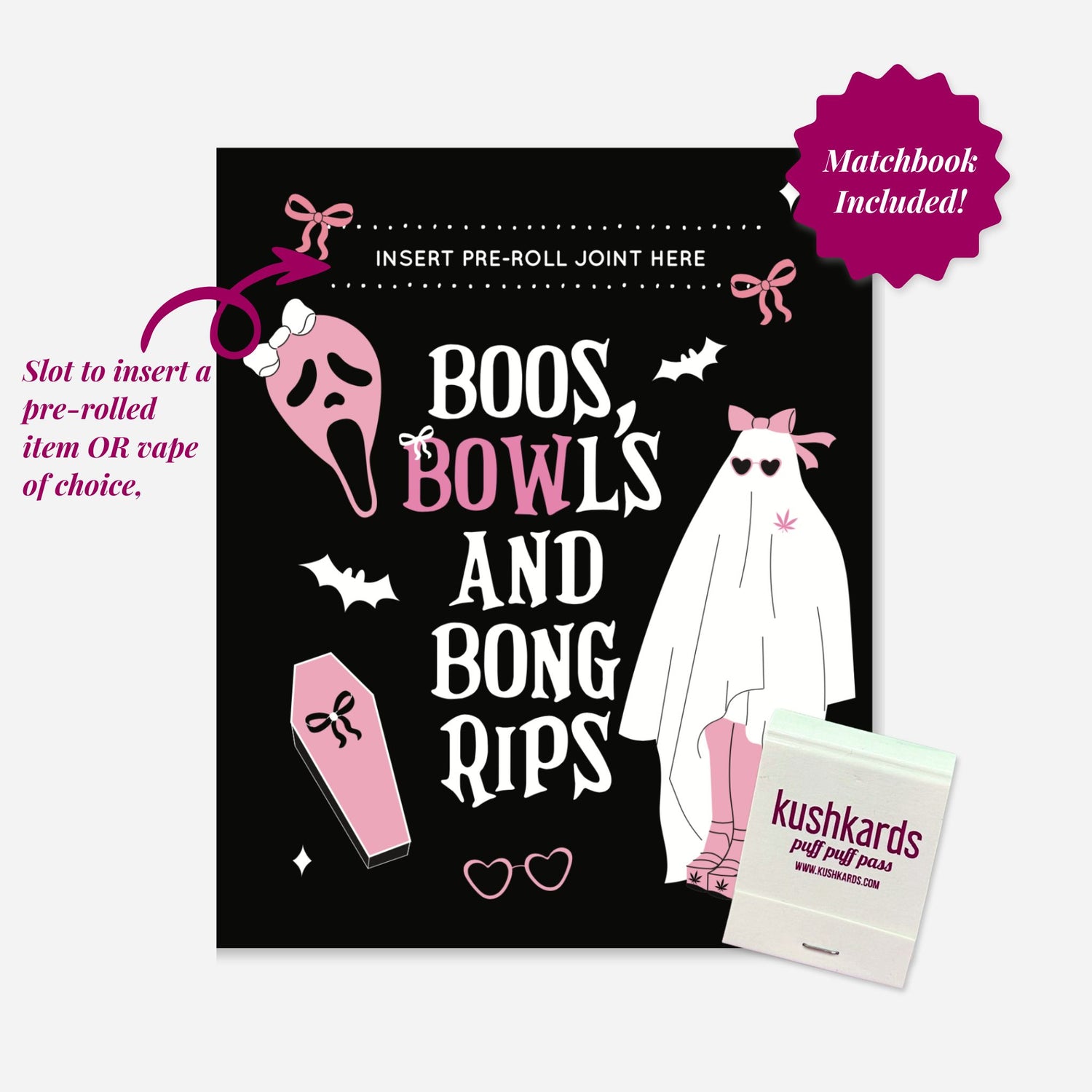 Boos, Bowls, and Bong Rips Halloween-themed cannabis greeting card with ghost and coffin graphics, featuring an aluminum one-hitter pipe and a matchbook