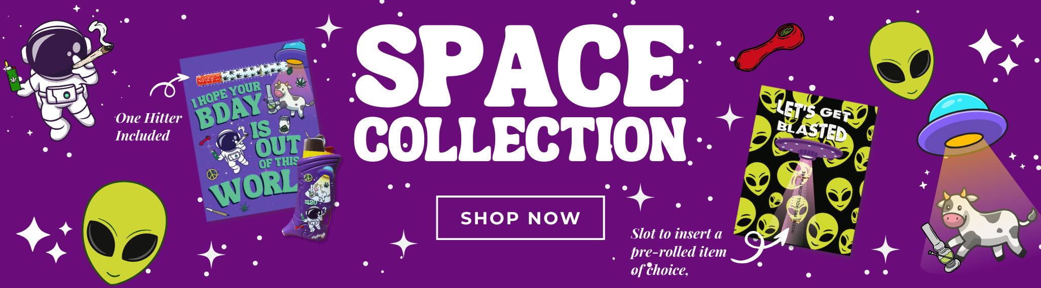 Purple background with the text 'Space Collection' and 'Shop Now' button, decorated with stars and cosmic elements.