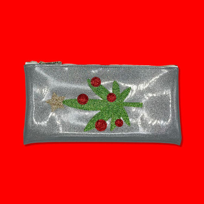 Holiday Kush Clutch with Glittery Cannabis Leaf and Festive Ornaments
