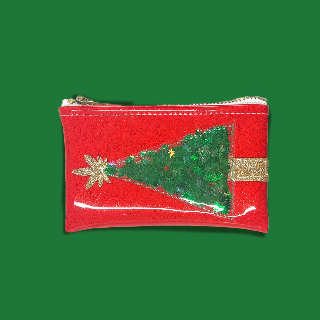 The Holiday Kush Klutch is a Red Zippered Pouch with a Pot Leaf Confetti Christmas Tree