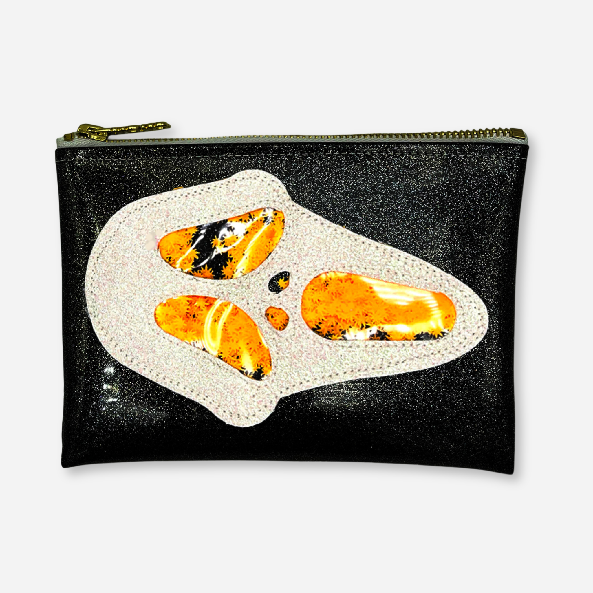 Midi Ghostface Clutch with orange glitter cannabis leaf, angled view for ghostface Halloween costume