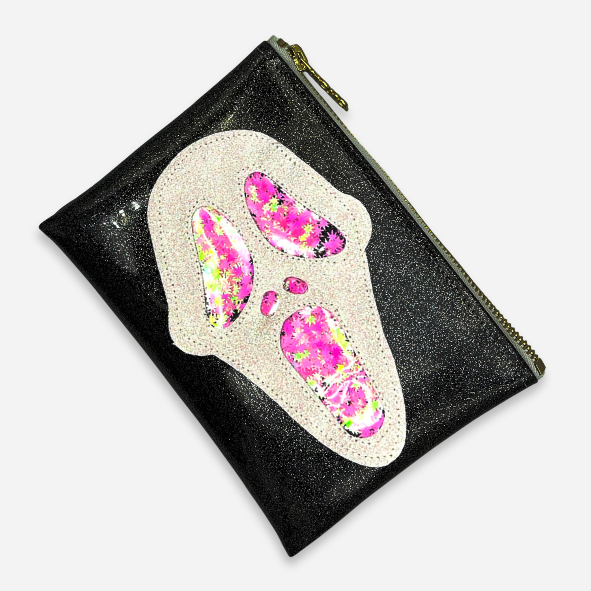 Midi Ghostface Clutch with pink glitter cannabis leaf, angled view for female ghostface costume