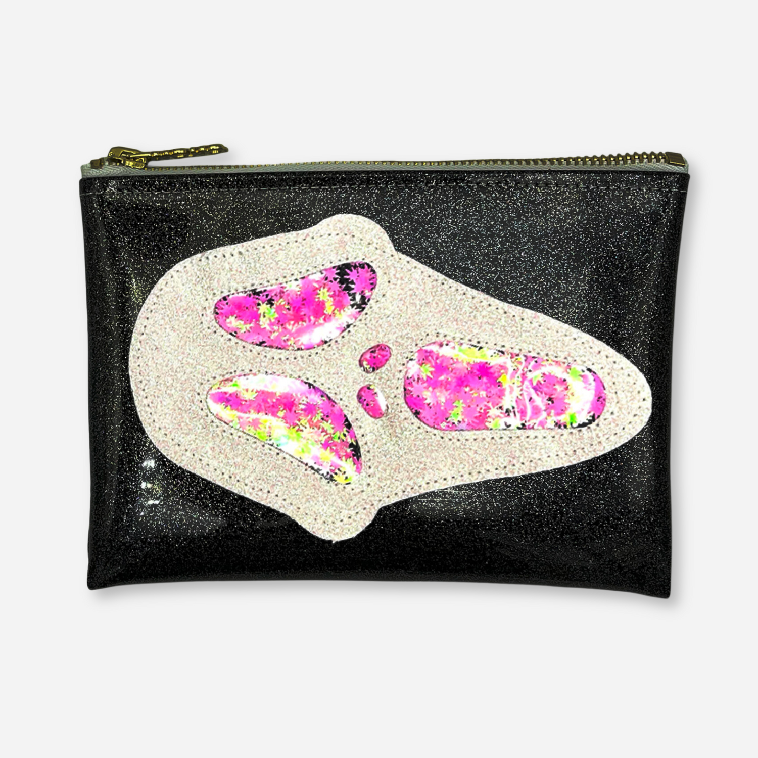 Midi Ghostface Clutch with pink glitter cannabis leaf, angled view for female ghostface costume