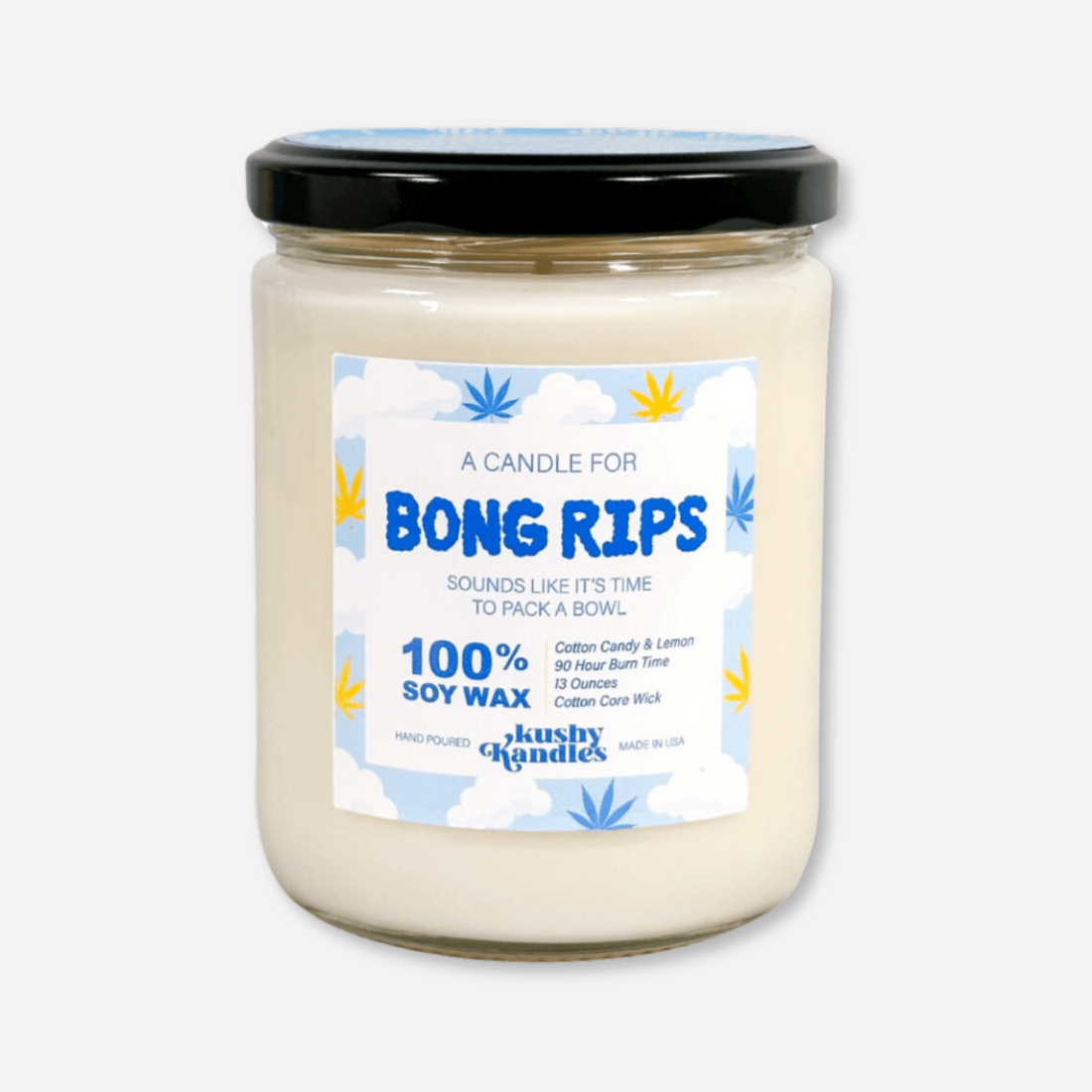 A clean product shot of the &quot;Bong Rips&quot; soy wax candle in a glass jar with a black lid. The label features the cotton candy and lemon scent with a 90-hour burn time and 100% soy wax composition.