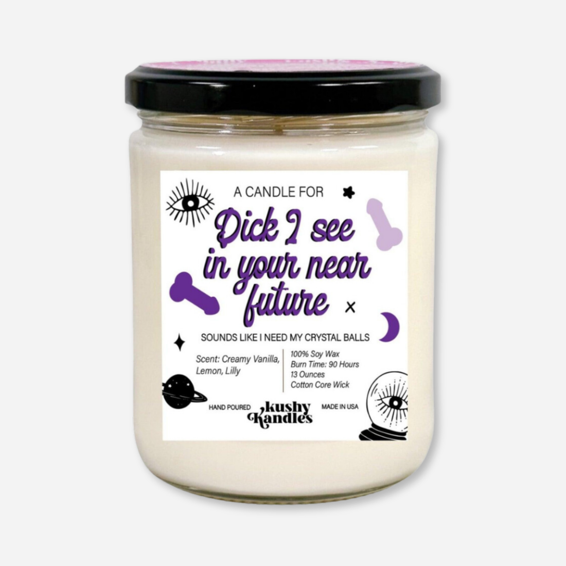 A clean product shot of the Future Dick Vanilla &amp; Lemon Soy Wax Candle in a glass jar with a black lid. The label highlights creamy vanilla, lemon, and lily scent with a 90-hour burn time and 100% soy wax formula.