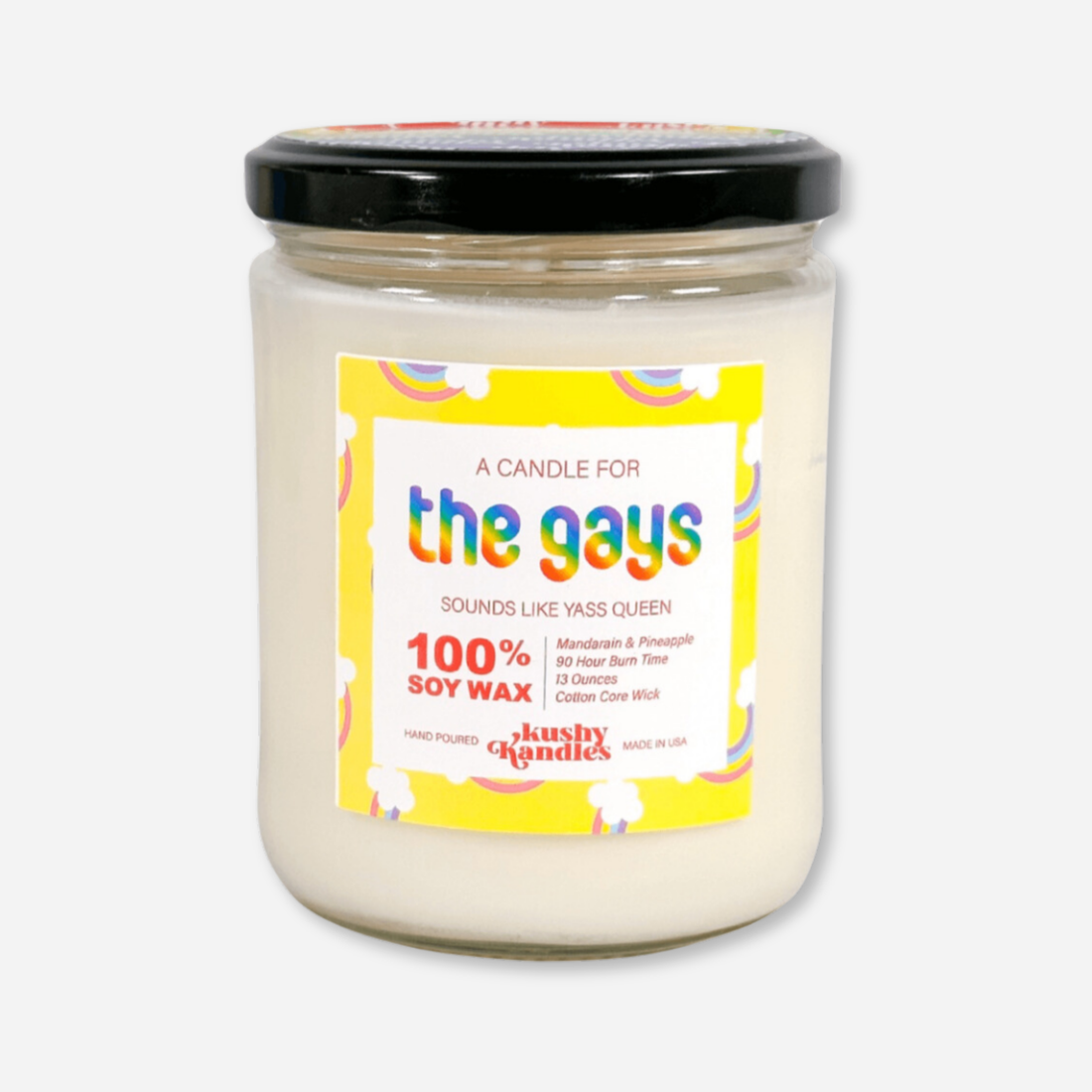 A clean product shot of the &quot;The Gays&quot; soy wax candle in a glass jar with a black lid. The label highlights the mandarin and pineapple scent, with a 90-hour burn time and 100% soy wax formula.