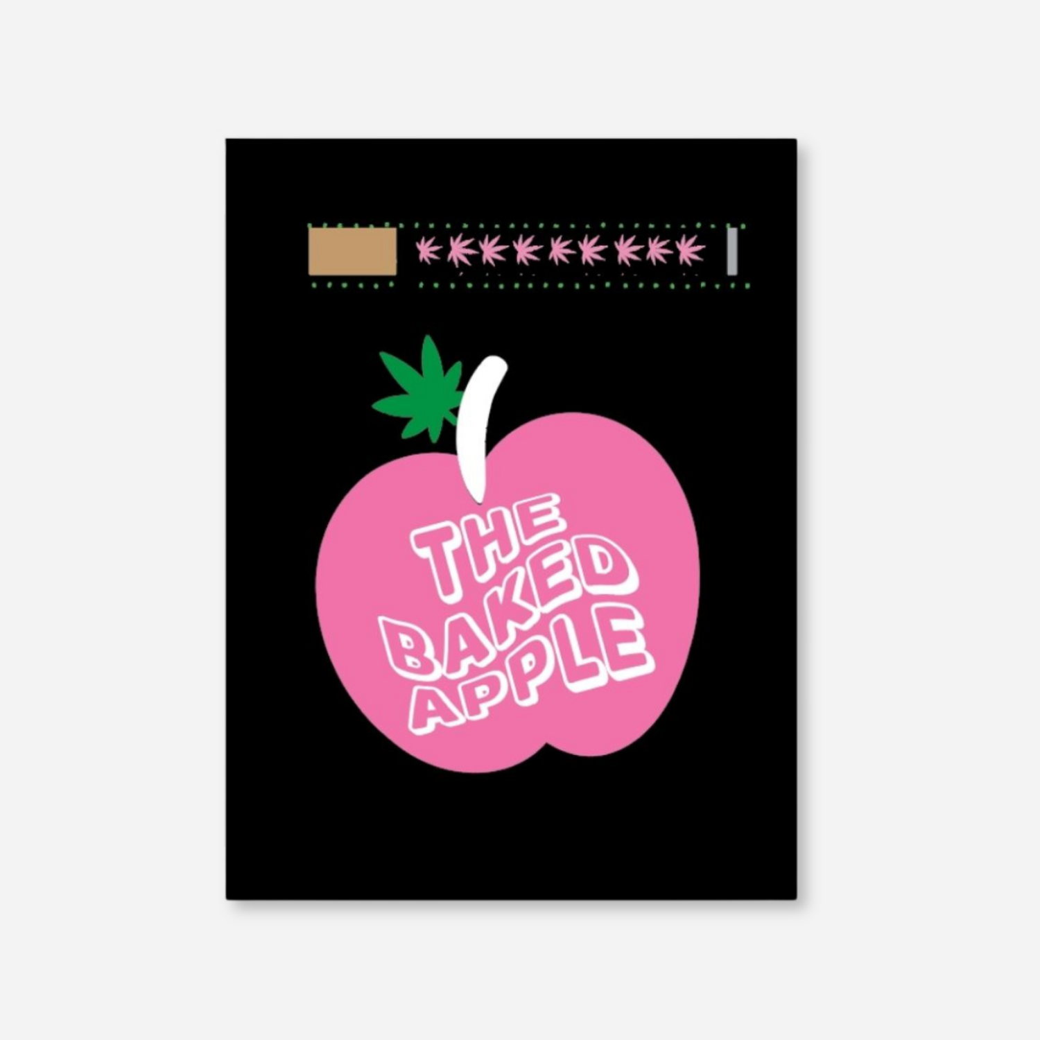 Illustration of a greeting card titled &quot;The Baked Apple&quot; featuring a large pink apple with a green leaf and white stem on a black background. The text &quot;THE BAKED APPLE&quot; is prominently displayed in white and pink letters within the apple. The top border of the card includes a pattern of small pink leaves.