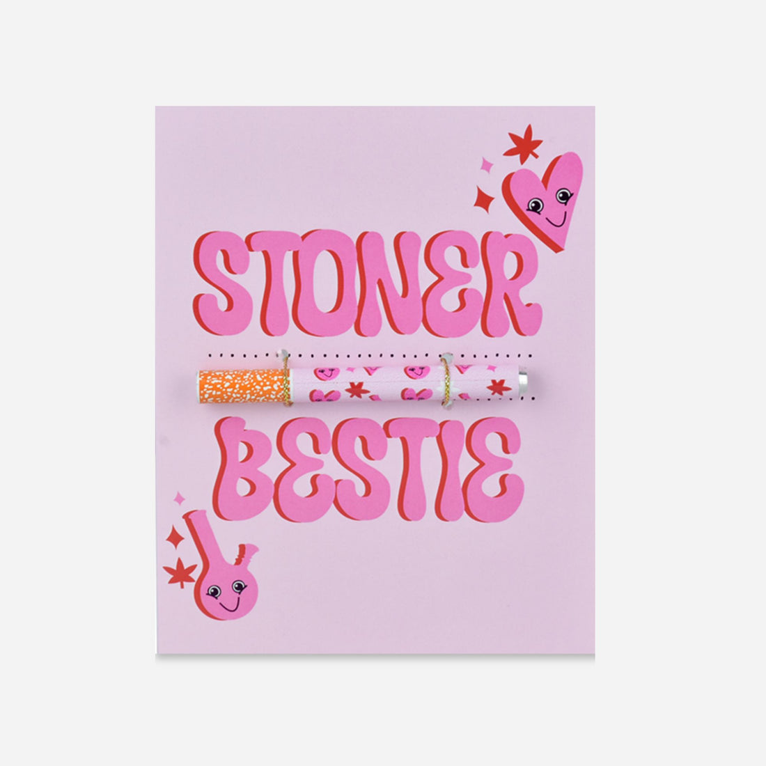 Stoner Bestie greeting card with an adorable, winking animated bong and a giggly heart character, surrounded by twinkling stars and daisy flowers on a peppy pink backdrop.  with a matching heart print on the one hitter🍃❤️✨