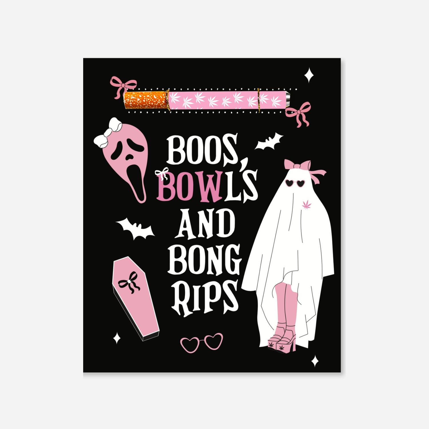 Boos, Bowls, and Bong Rips Halloween-themed cannabis greeting card with ghost and coffin graphics, featuring an aluminum one-hitter pipe and a matchbook