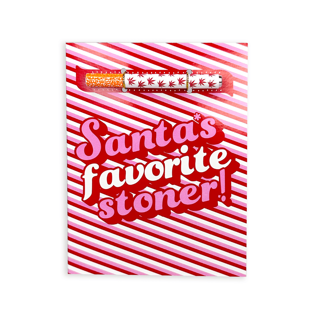 Fun and festive Christmas card with a one hitter and a candy cane striped background and bold text saying &