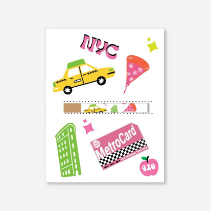 Illustration of a greeting card featuring New York City symbols: a yellow taxi, a slice of pizza, a MetroCard, a building, and the text &quot;NYC&quot; in pink. The card has a playful design with various colorful elements on a white background.