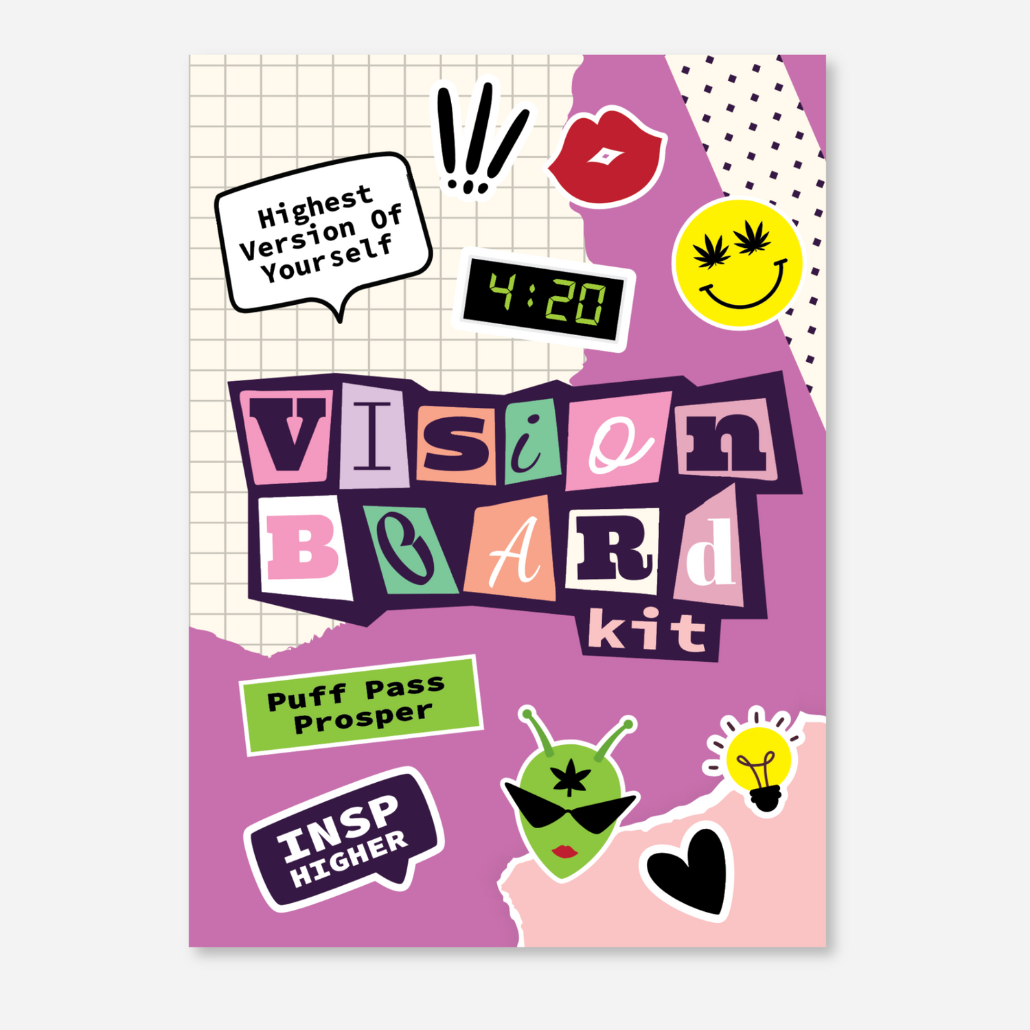 Front cover of the Vision Board Kit for Adults with colorful graphics, text reading &