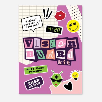 Front cover of the Vision Board Kit for Adults with colorful graphics, text reading &