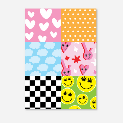 Pattern postcard included in the Vision Board Kit, featuring a mix of fun and colorful designs like leaves, flowers, and stripes.