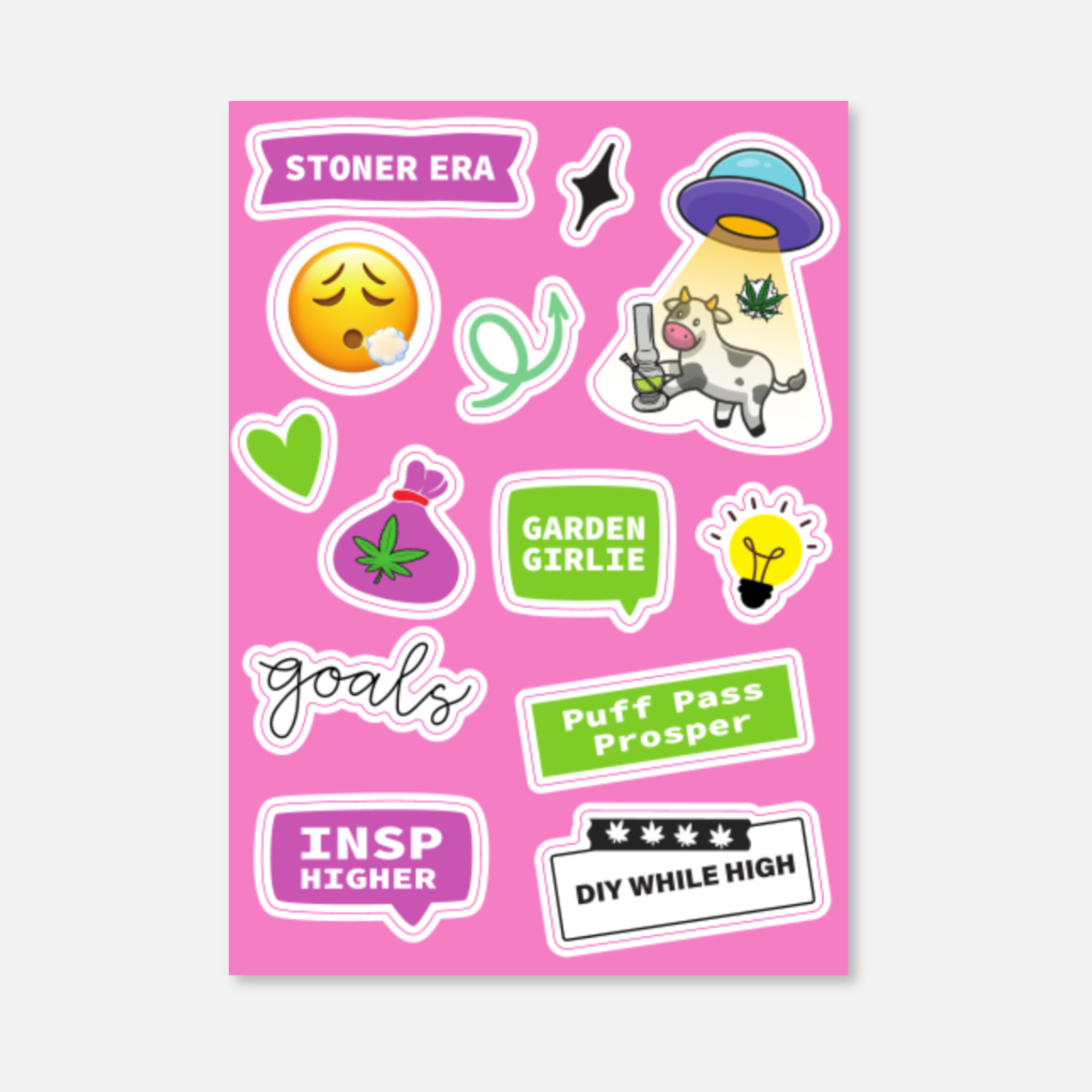 Sticker sheet included in the Vision Board Kit featuring 13 high-quality, colorful stickers with playful designs such as a cow, cannabis leaf, and phrases like &