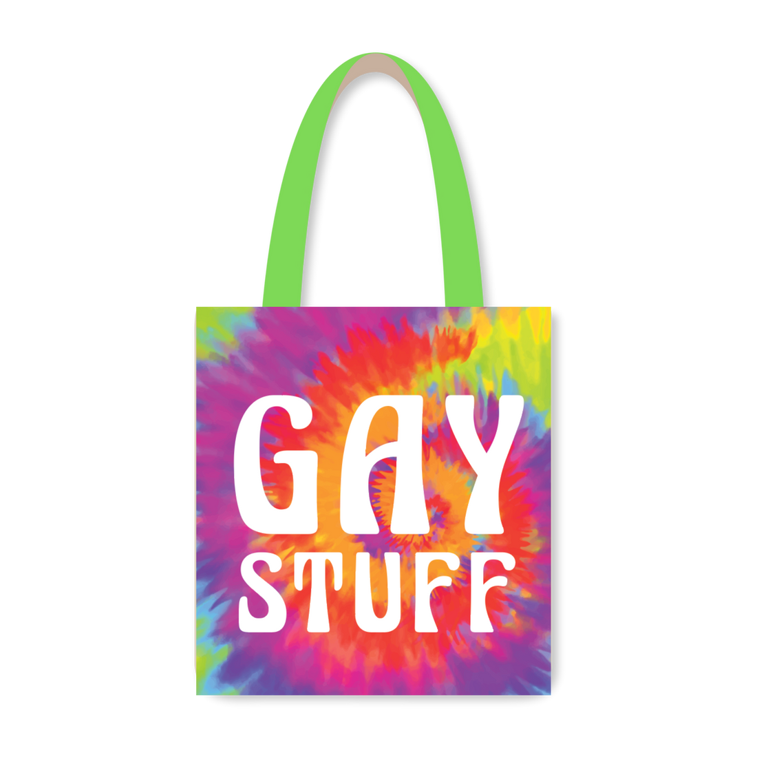 Reusable shopping bag with a vibrant tie-dye background and the text &