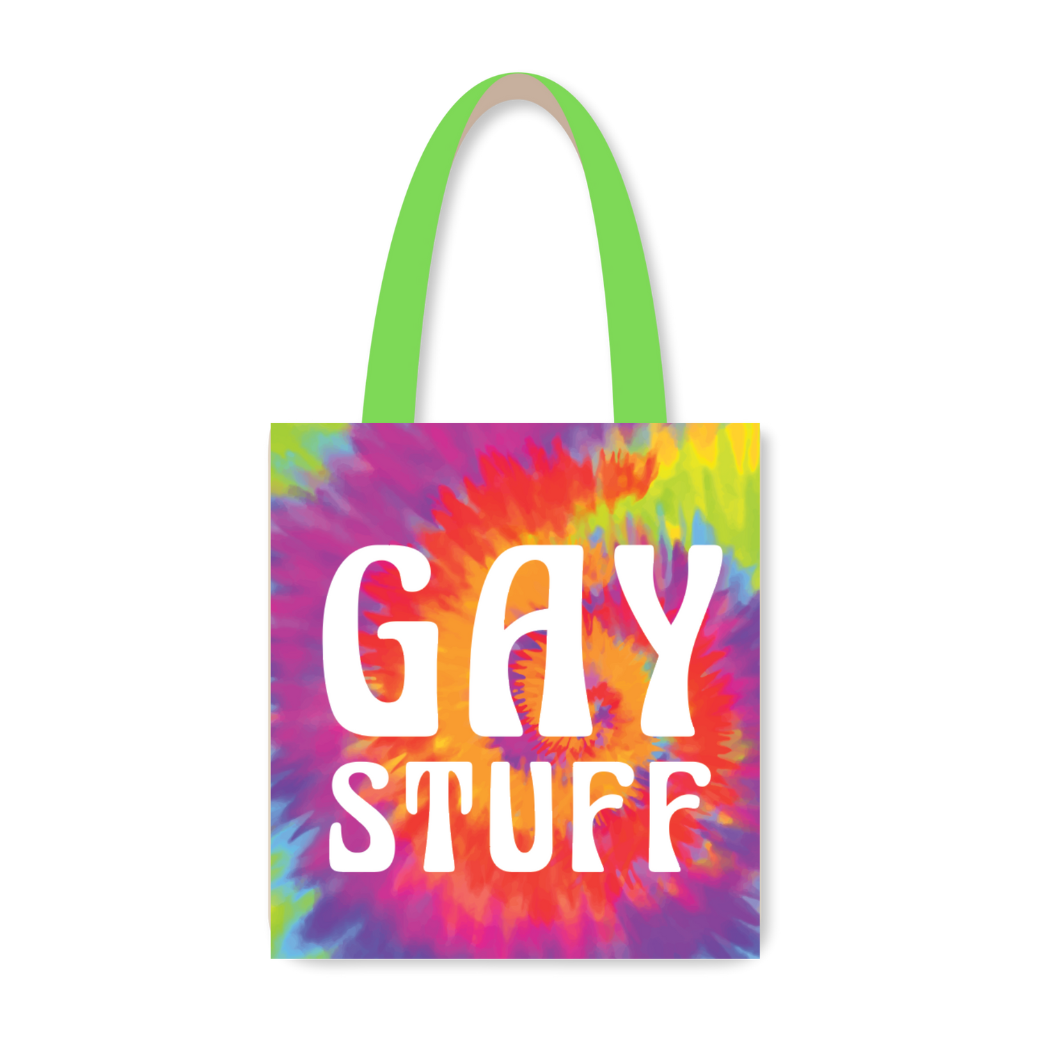 Reusable shopping bag with a vibrant tie-dye background and the text &