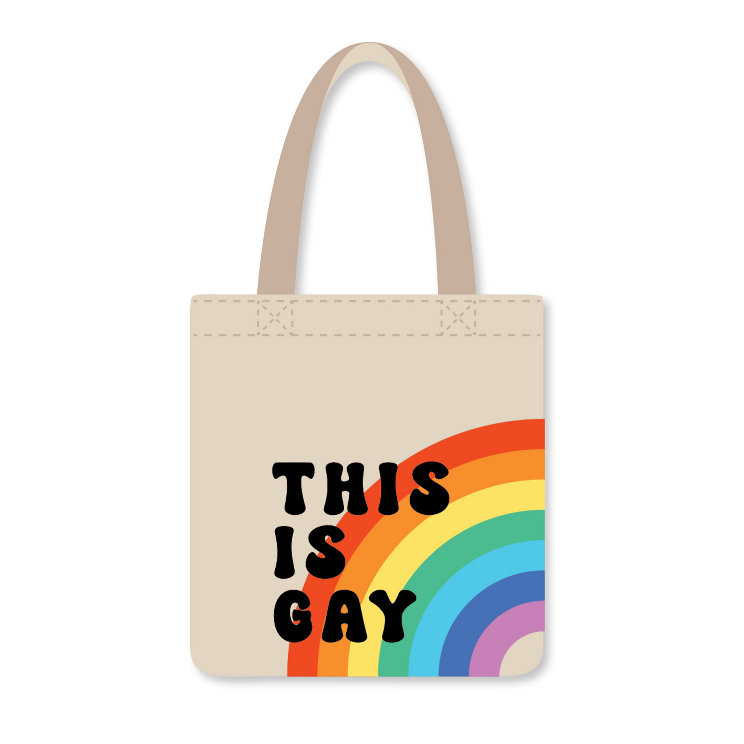 Beige reusable shopping bag with a rainbow arc on the bottom right and the text &