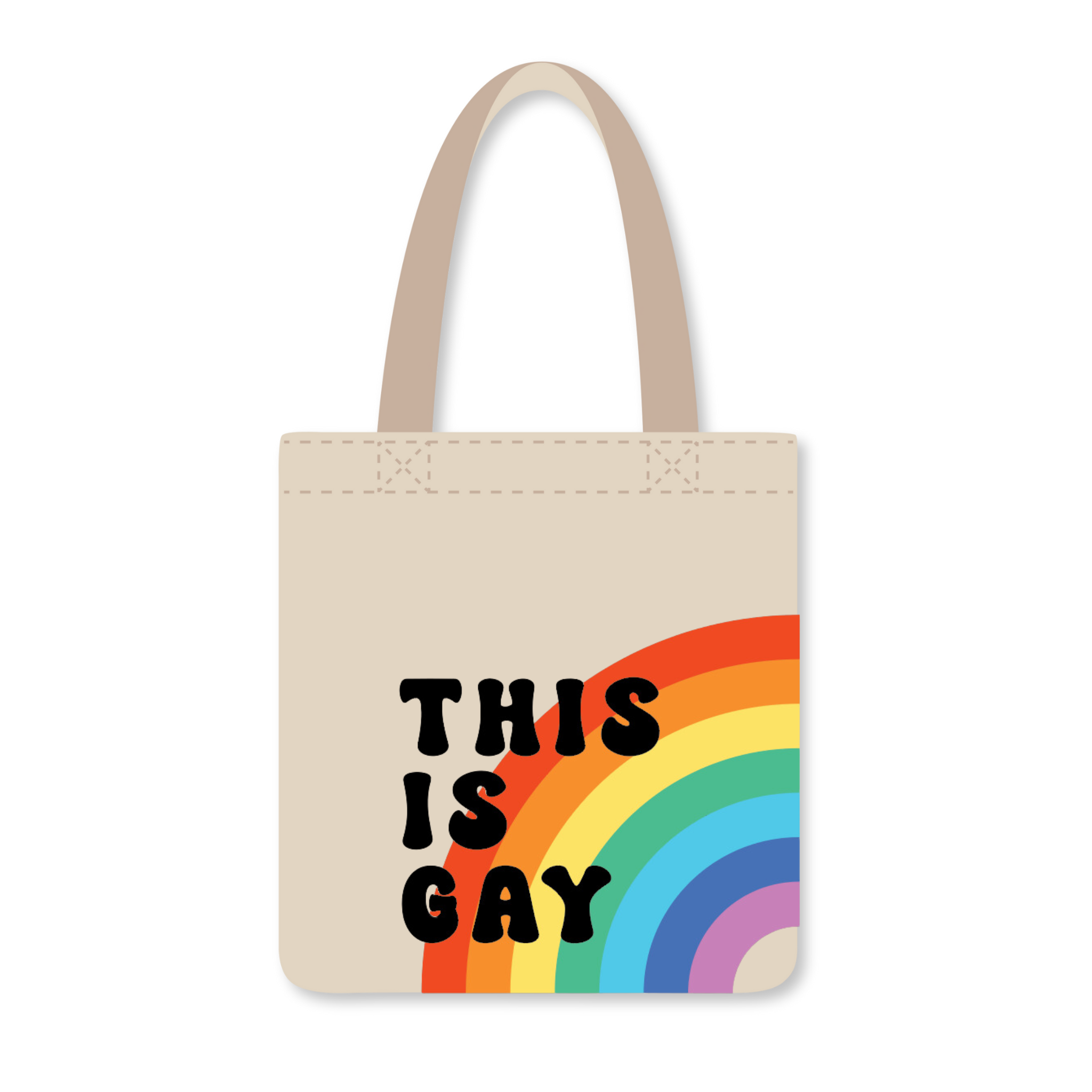 Beige reusable shopping bag with a rainbow arc on the bottom right and the text &