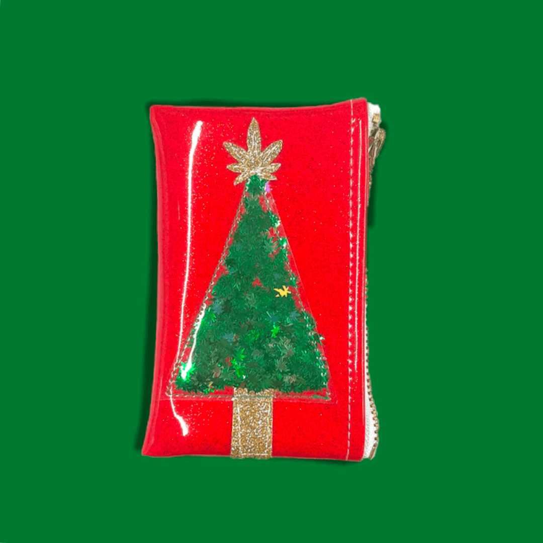 The Holiday Kush Klutch is a Red Zippered Pouch with a Pot Leaf Confetti Christmas Tree