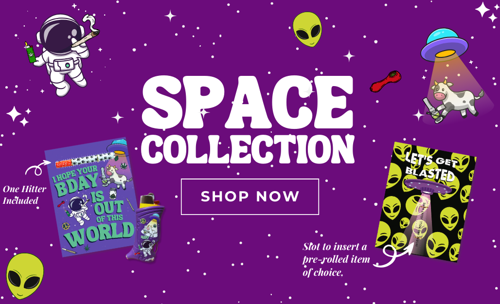 Purple background with the text 'Space Collection' and 'Shop Now' button, decorated with stars and cosmic elements.