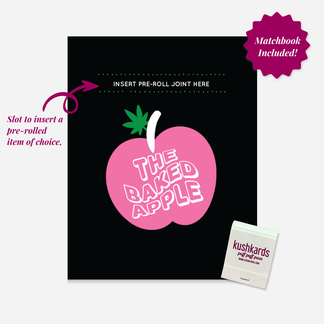 Illustration of a greeting card titled &quot;The Baked Apple&quot; featuring a large pink apple with a green leaf and white stem on a black background. The text &quot;THE BAKED APPLE&quot; is prominently displayed in white and pink letters within the apple. The top border of the card includes a pattern of small pink leaves.