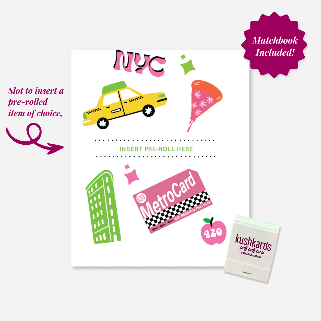 Illustration of a greeting card featuring New York City symbols: a yellow taxi, a slice of pizza, a MetroCard, a building, and the text &quot;NYC&quot; in pink. The card has a playful design with various colorful elements on a white background.