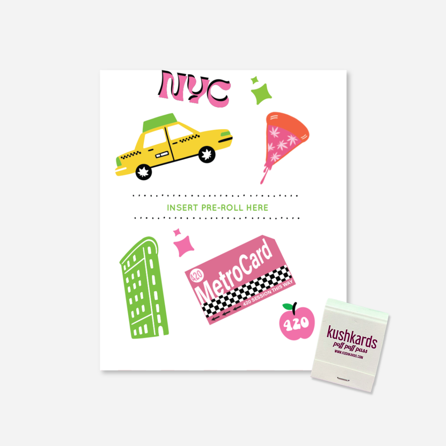 Illustration of a greeting card featuring New York City symbols: a yellow taxi, a slice of pizza, a MetroCard, a building, and the text &quot;NYC&quot; in pink. The card has a playful design with various colorful elements on a white background.