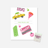 Illustration of a greeting card featuring New York City symbols: a yellow taxi, a slice of pizza, a MetroCard, a building, and the text "NYC" in pink. The card has a playful design with various colorful elements on a white background.