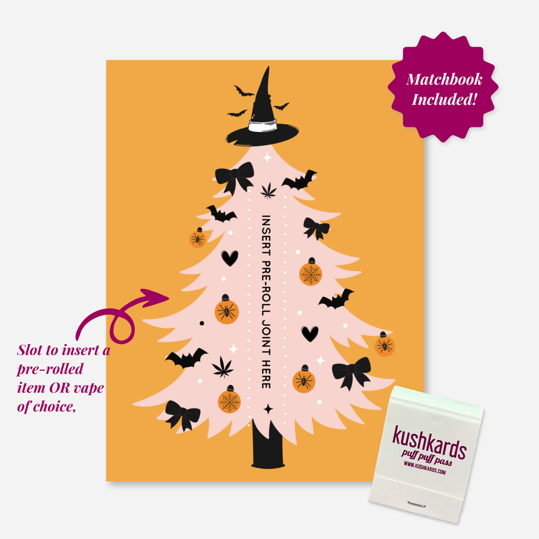 &quot;Pink Halloween tree decorated with witch hat, bats, spider ornaments, and bows with a slot for a pre roll and a matchbook