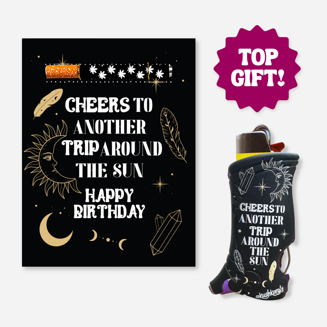 Celestial Birthday Card and Toker Poker Lighter Case Set with cosmic designs.