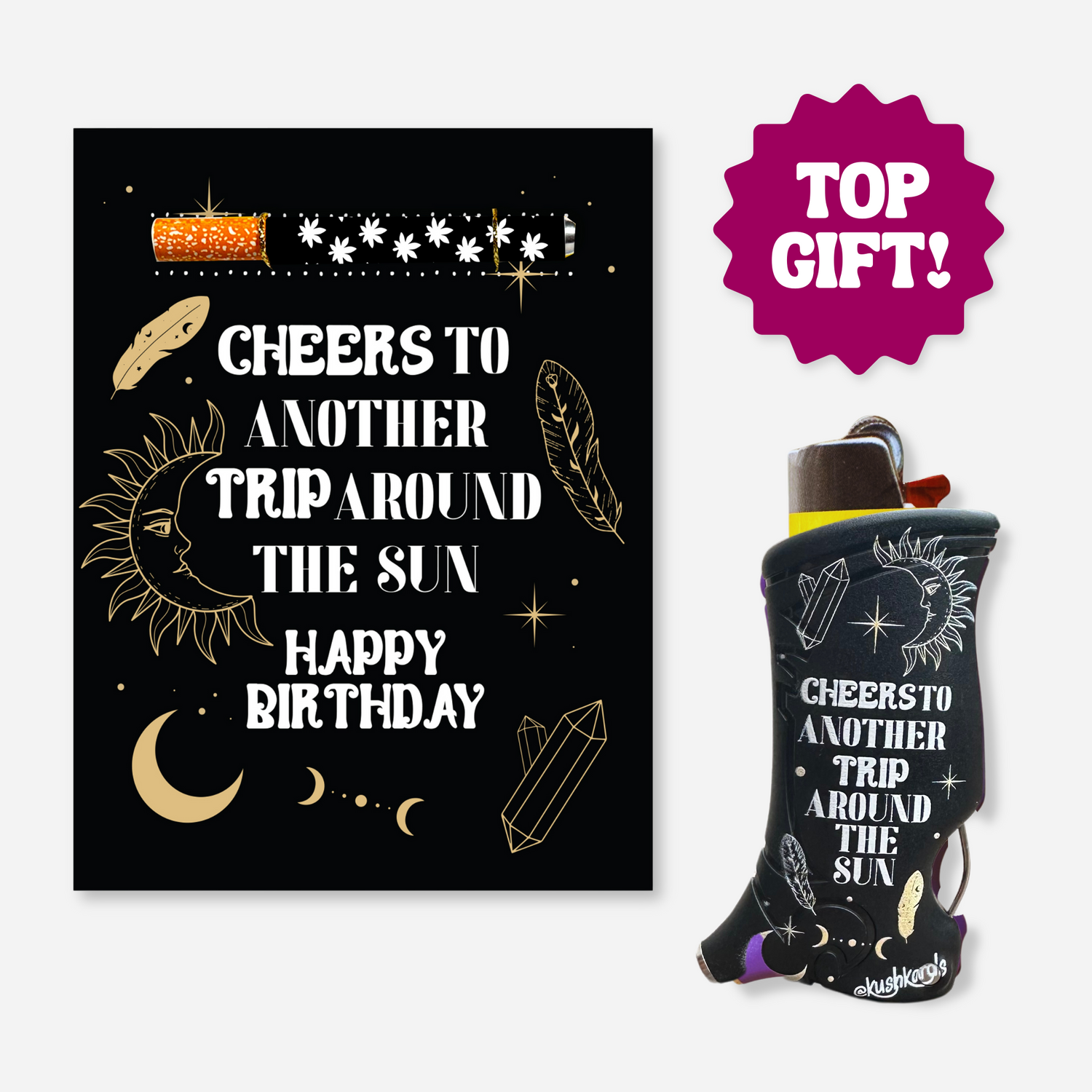 Celestial Birthday Card and Toker Poker Lighter Case Set with cosmic designs.