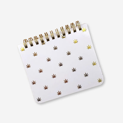 4.25&quot; x 3.5&quot; white mini notebook with gold cannabis leaf design, lined pages, and &quot;High-Dea of the Day&quot; headers.

Let me know if you need any more adjustments! 🌿✨





