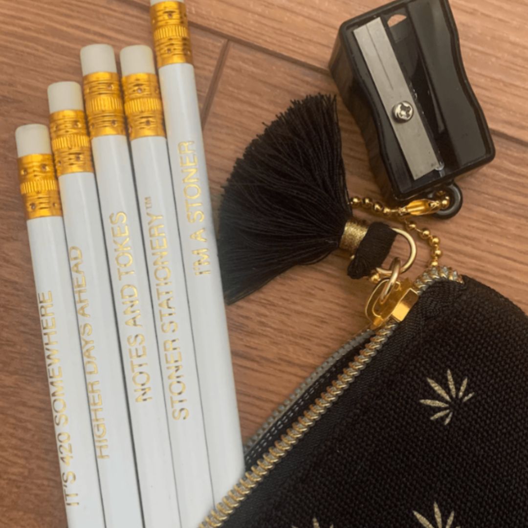 Cannabis-themed pencil pouch (8&quot; x 3&quot;) with gold leaf design and stoner pencil set for creative writing.