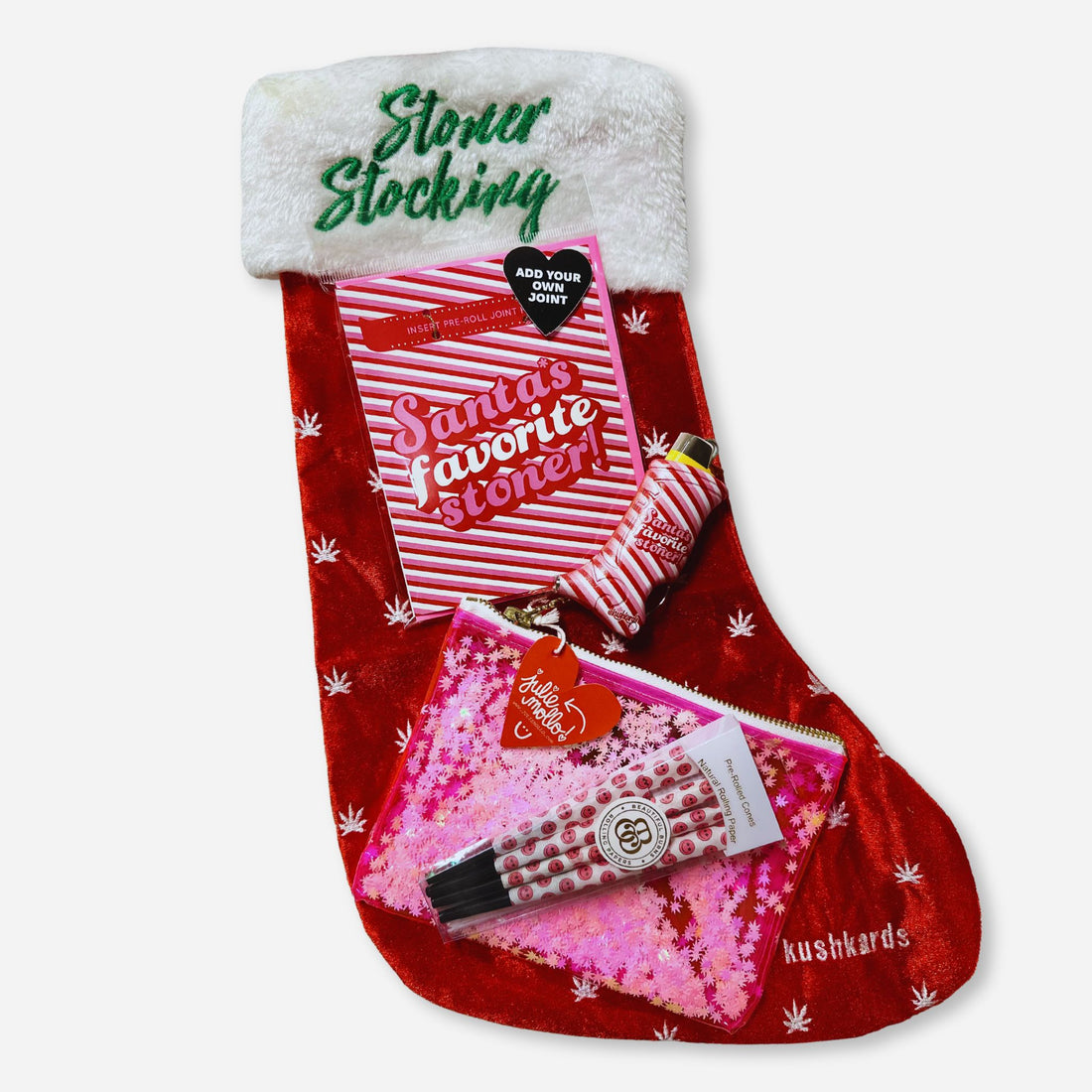 Stoner Stocking Full Set: &quot;Ultimate Stoner Stocking Gift Set featuring a red velvet stocking, Santa’s Favorite Stoner KushKard, Toker Poker Lighter Case, Pink Confetti Clutch, and Smiley Face Pre-Rolled Cones.&quot;