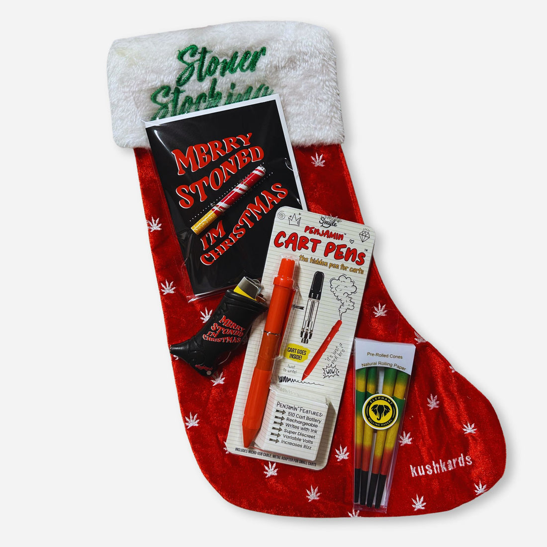 Merry Stoned Stocking Full Set: &quot;Merry Stoned Edition Stoner Stocking featuring a red velvet stocking, KushKard with one-hitter pipe, Toker Poker lighter case, Penjamin Cart Pen, and Rasta pre-rolled cones. 🎅🍃&quot;