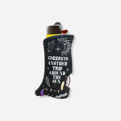 Black Celestial Birthday Toker Poker Lighter Case with cosmic designs including suns, moons, and stars.