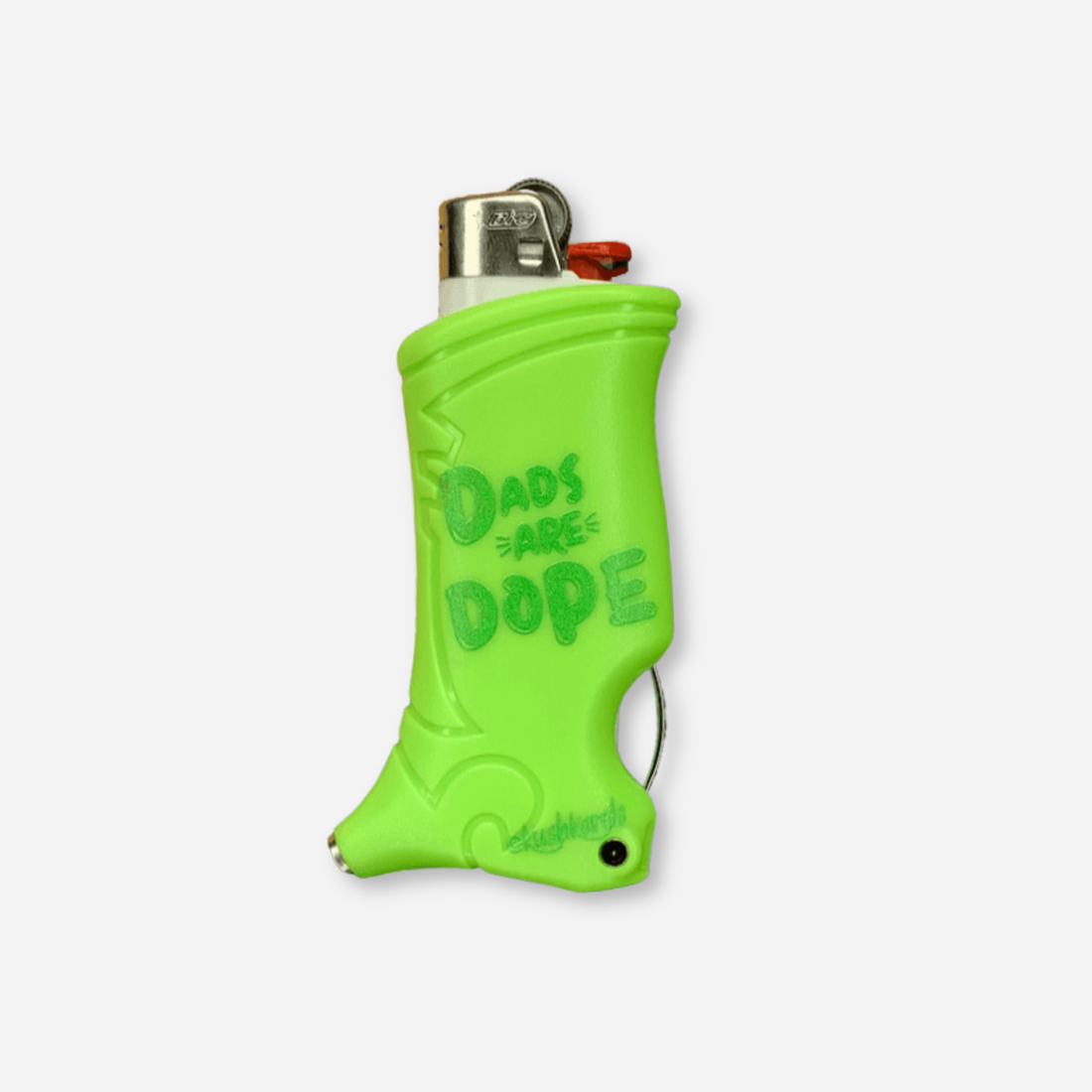Dope Dad Toker Poker Lighter Case in vibrant green with the message &quot;Dads Are Dope,&quot; featuring a built-in poker and tamper.