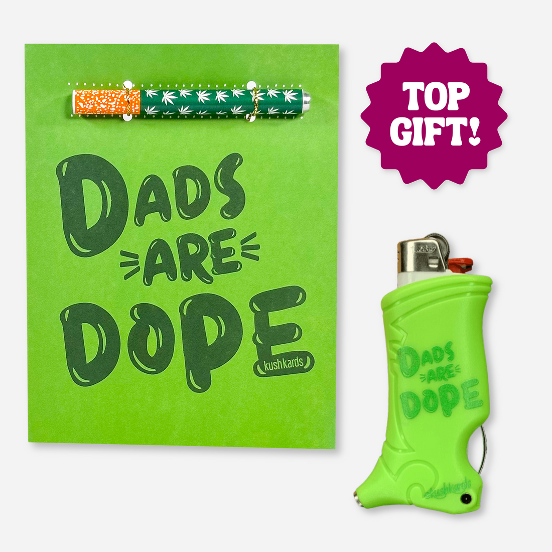&quot;Dads Are Dope&quot; greeting card with a matching one-hitter pipe, featuring an included matchbook and matching Toker Poker Lighter Case in green.