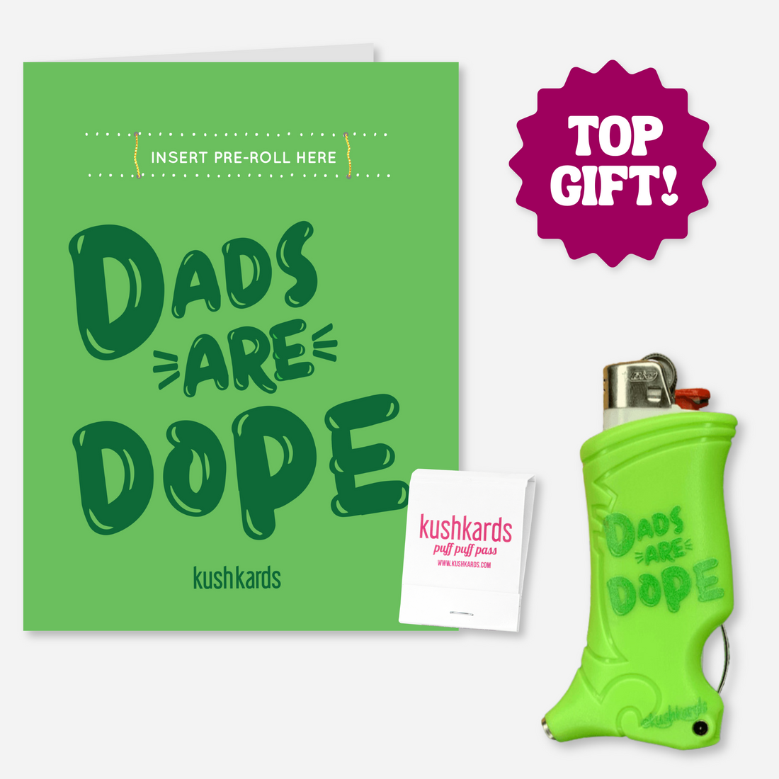 &quot;Dads Are Dope&quot; greeting card with a slot for a pre-roll joint, featuring an included matchbook and matching Toker Poker Lighter Case in green.