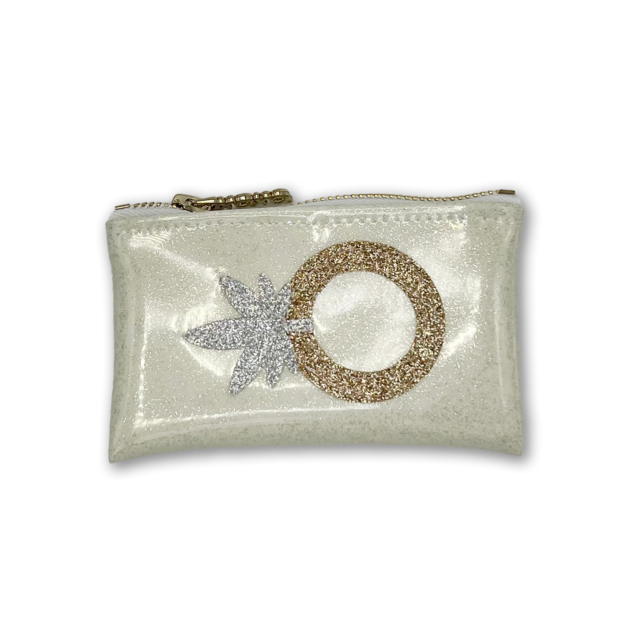 Glittery cannabis-themed wedding ring clutch by KushKards x Julie Mollo, featuring a silver weed leaf and gold engagement ring on a pearl white background.