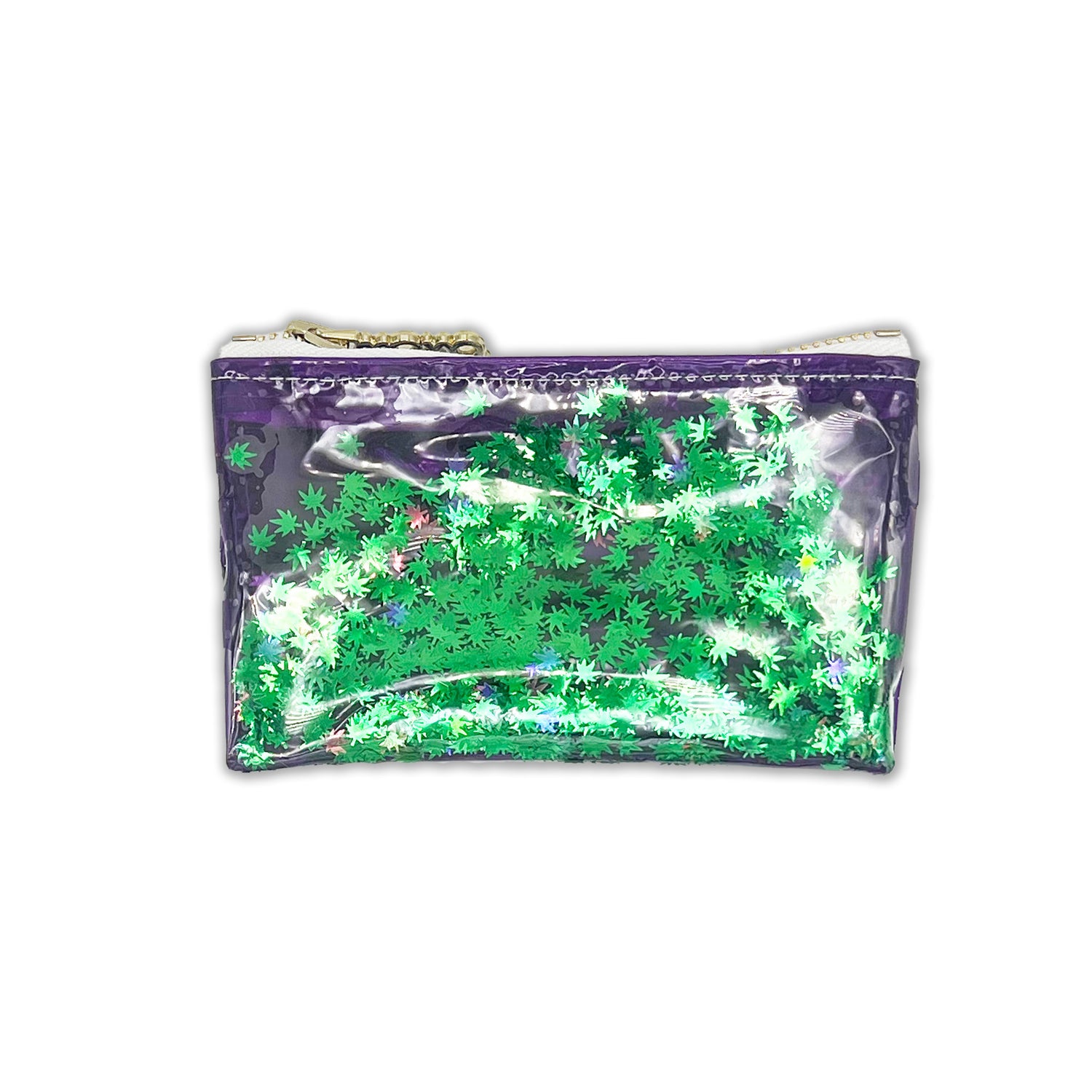 A stylish clear vinyl keychain clutch filled with floating green cannabis leaf confetti. Featuring a deep purple trim and a silver zipper, this compact and fun accessory is designed by Julie Mollo in collaboration with KushKards, perfect for stashing small essentials with a playful touch.