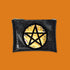 The Witch Way To The Weed Pot Leaf Midi Kush Klutch is a handbag that is 7"x5" in a black glitter vinyl with a pentagram symbol on it. Behind the pentagram is an orange pot leaf confetti encased in vinyl.