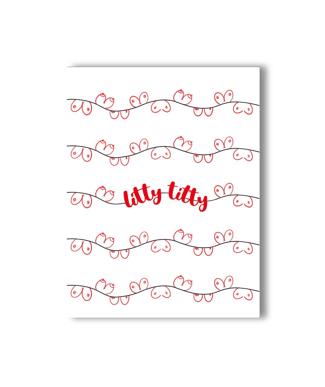 Fun and cheeky Christmas card featuring a pattern of boobs adorned with Christmas lights and &